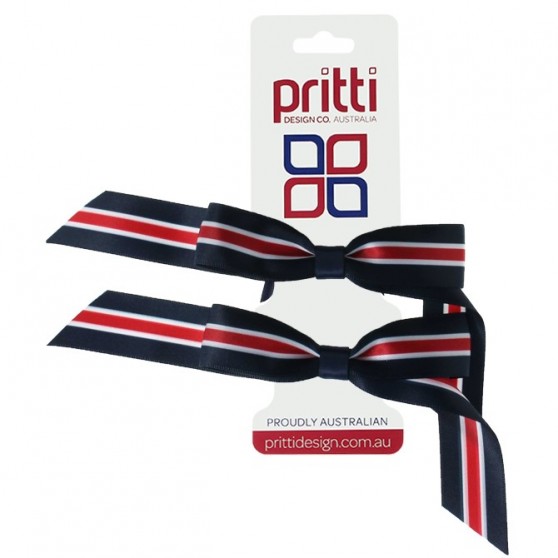 Navy / White / Red Striped Pigtail Bows  - 10 per pack